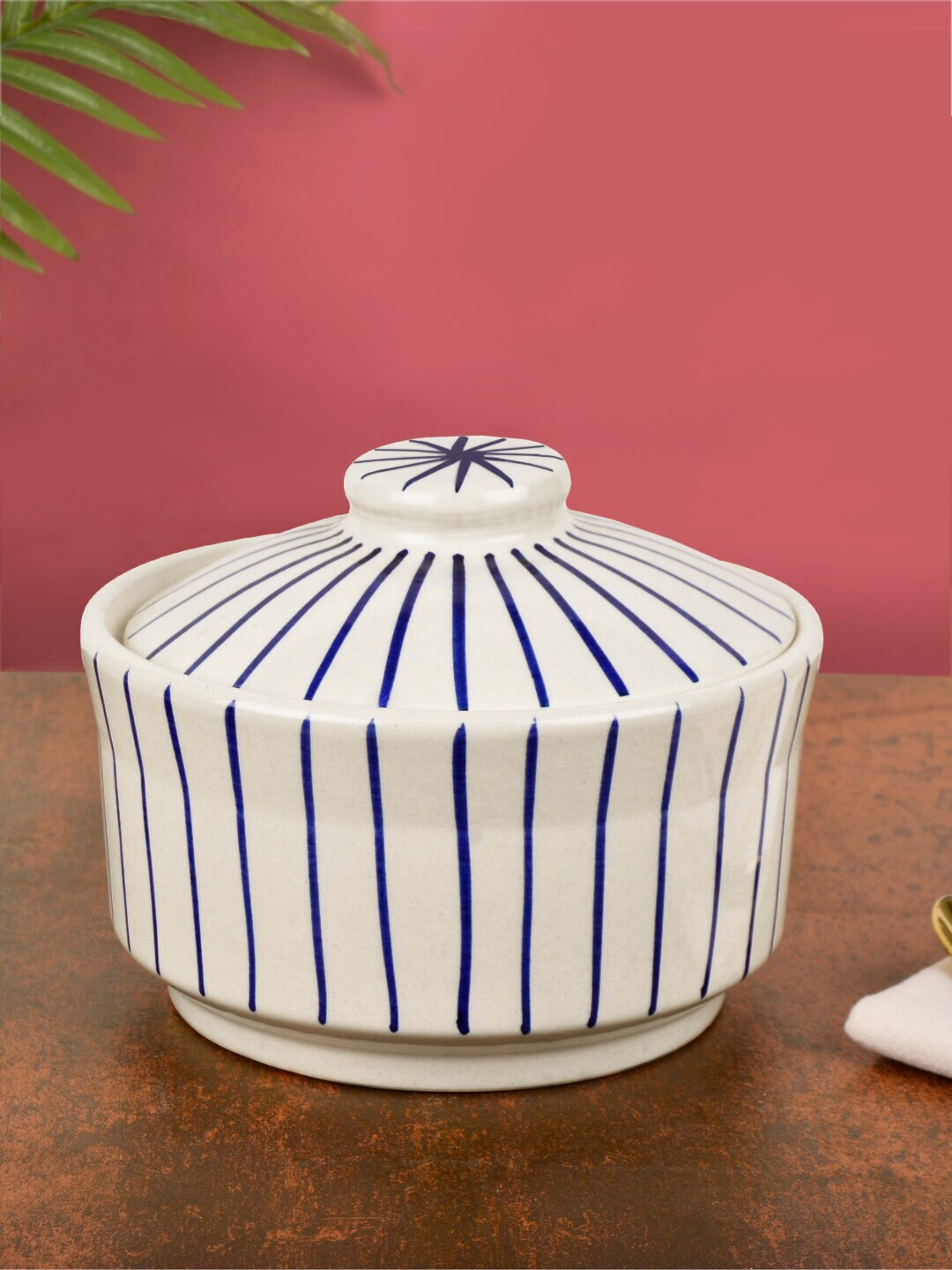 StyleMyWay Blue & White Striped Handpainted Ceramic Serving Bowl Price in India