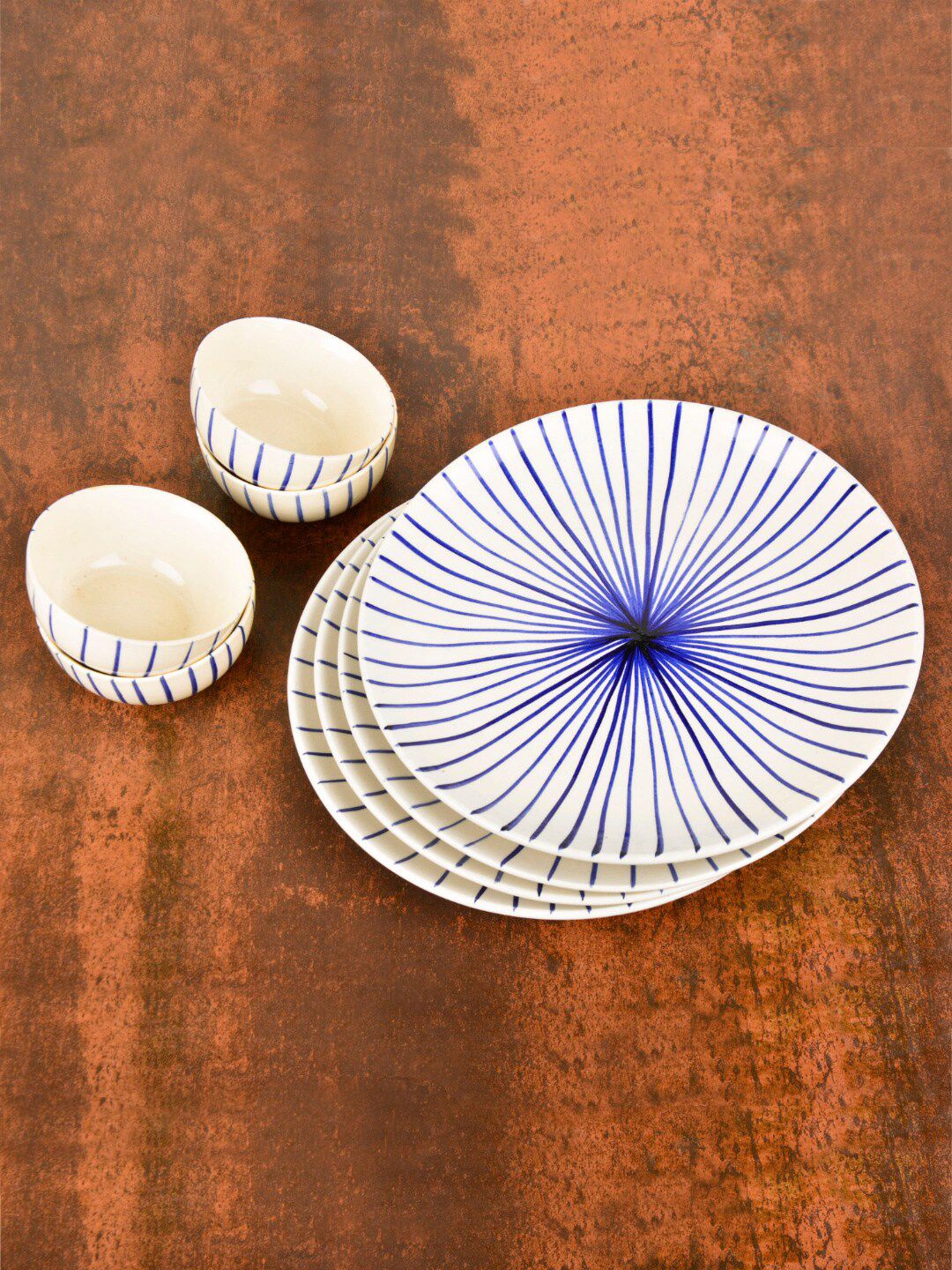 StyleMyWay Set of 8 White & Blue Printed Ceramic Glossy Dinner Set Price in India