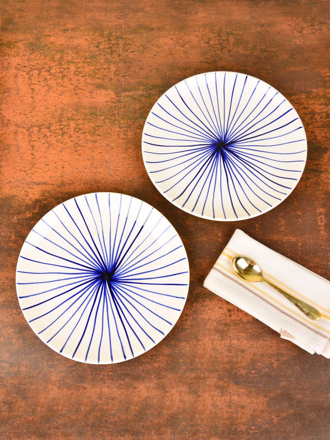 StyleMyWay White & Blue 2 Pieces Handcrafted and Hand Painted Printed Ceramic Glossy Plates Price in India
