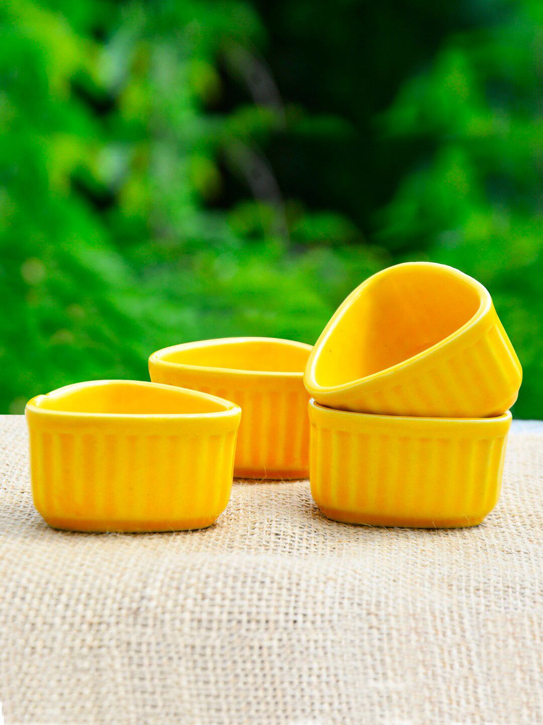 StyleMyWay Set Of 4 Yellow Solid Handcrafted Ceramic Triangular Ribbed Dip Bowls Price in India
