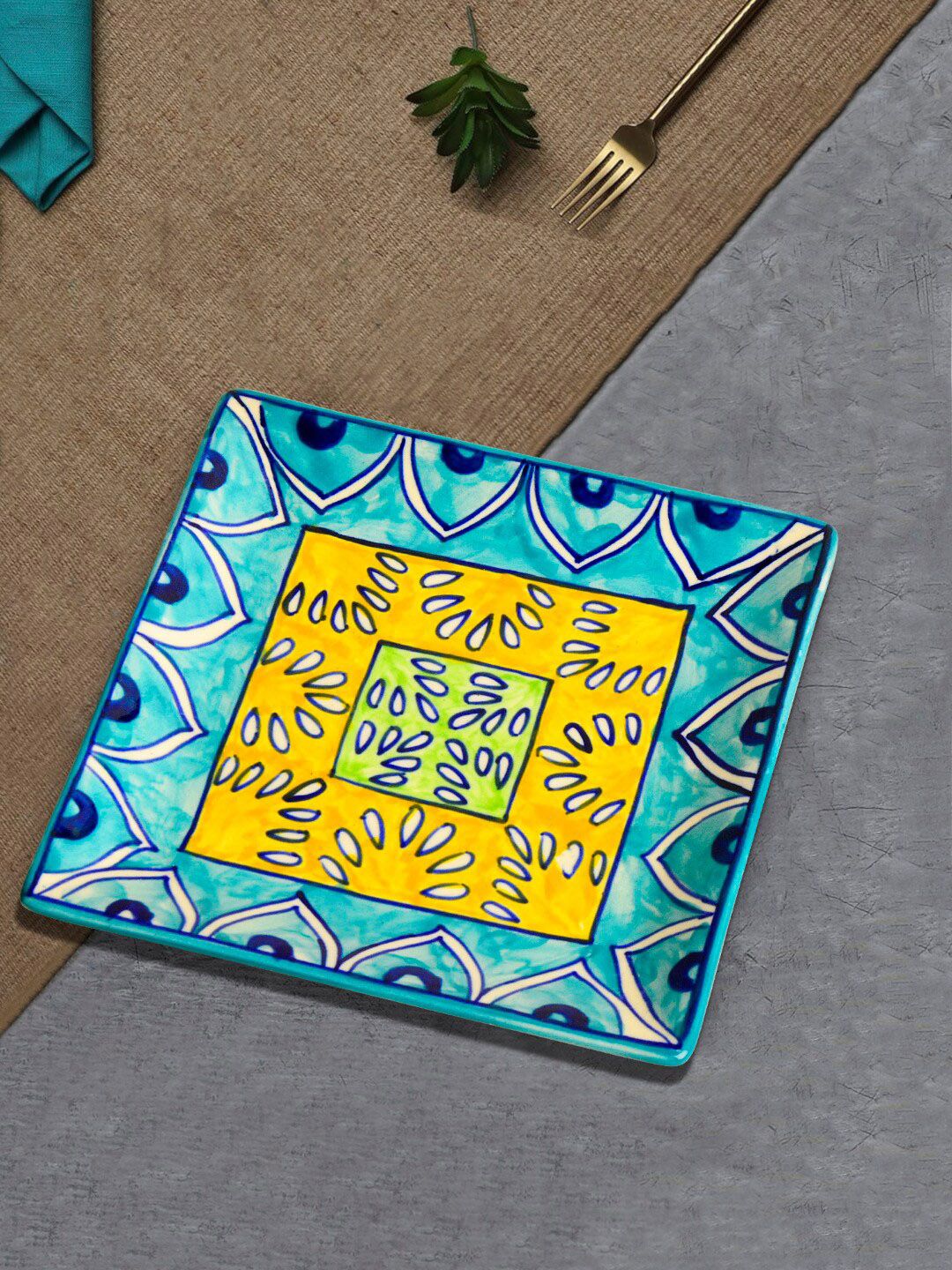 StyleMyWay Blue & Yellow Premium Hand Painted in Traditional Design Ceramic Square Platter Price in India