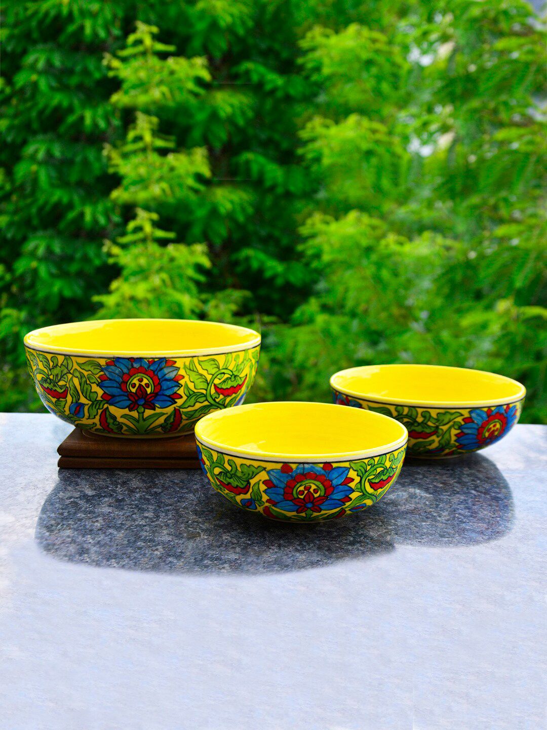 StyleMyWay Set Of 3 Yellow Hand Painted Ceramic Serving Bowls Price in India