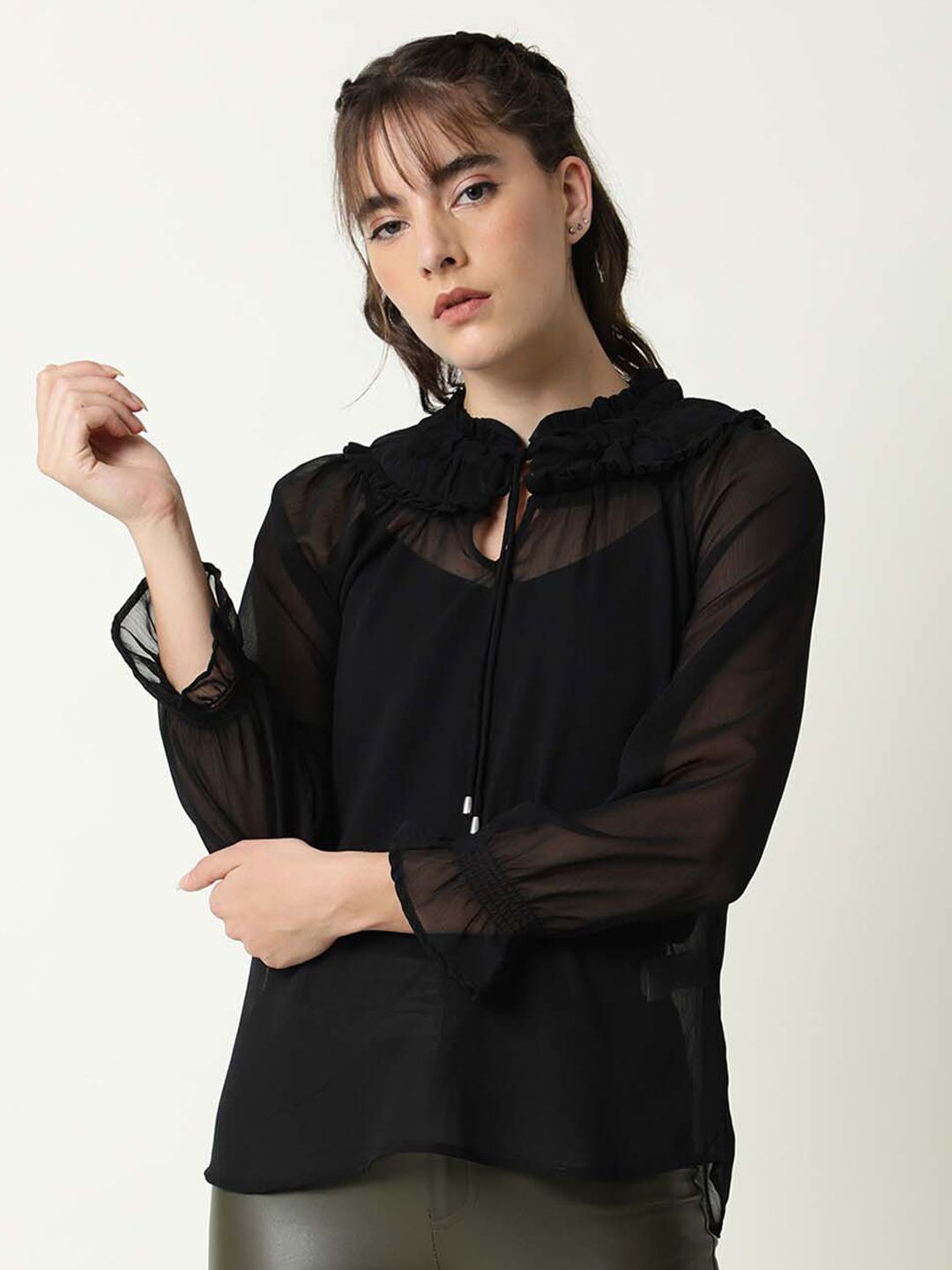 RAREISM Women Black Solid Tie-Up Neck Long Sleeves Top Price in India