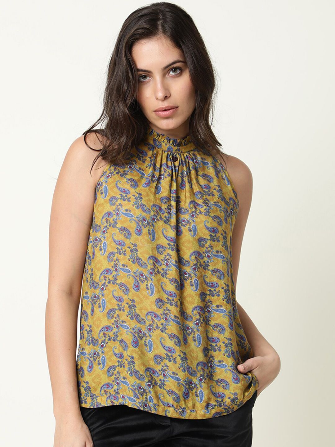 RAREISM Olive Green Floral Print Top Price in India
