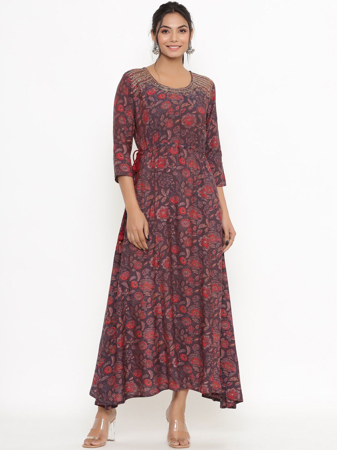 Sangria Women Purple & Red Floral Print A-Line Maxi Dress Price in India