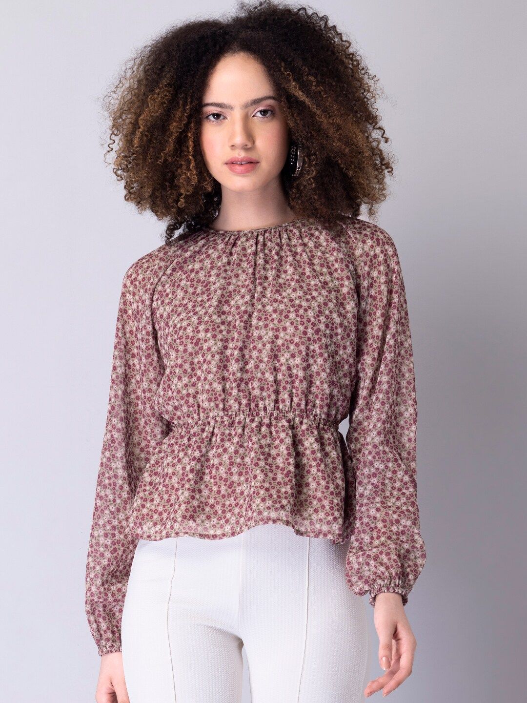 FabAlley Women Beige & Pink Floral Printed Blouson Top Price in India