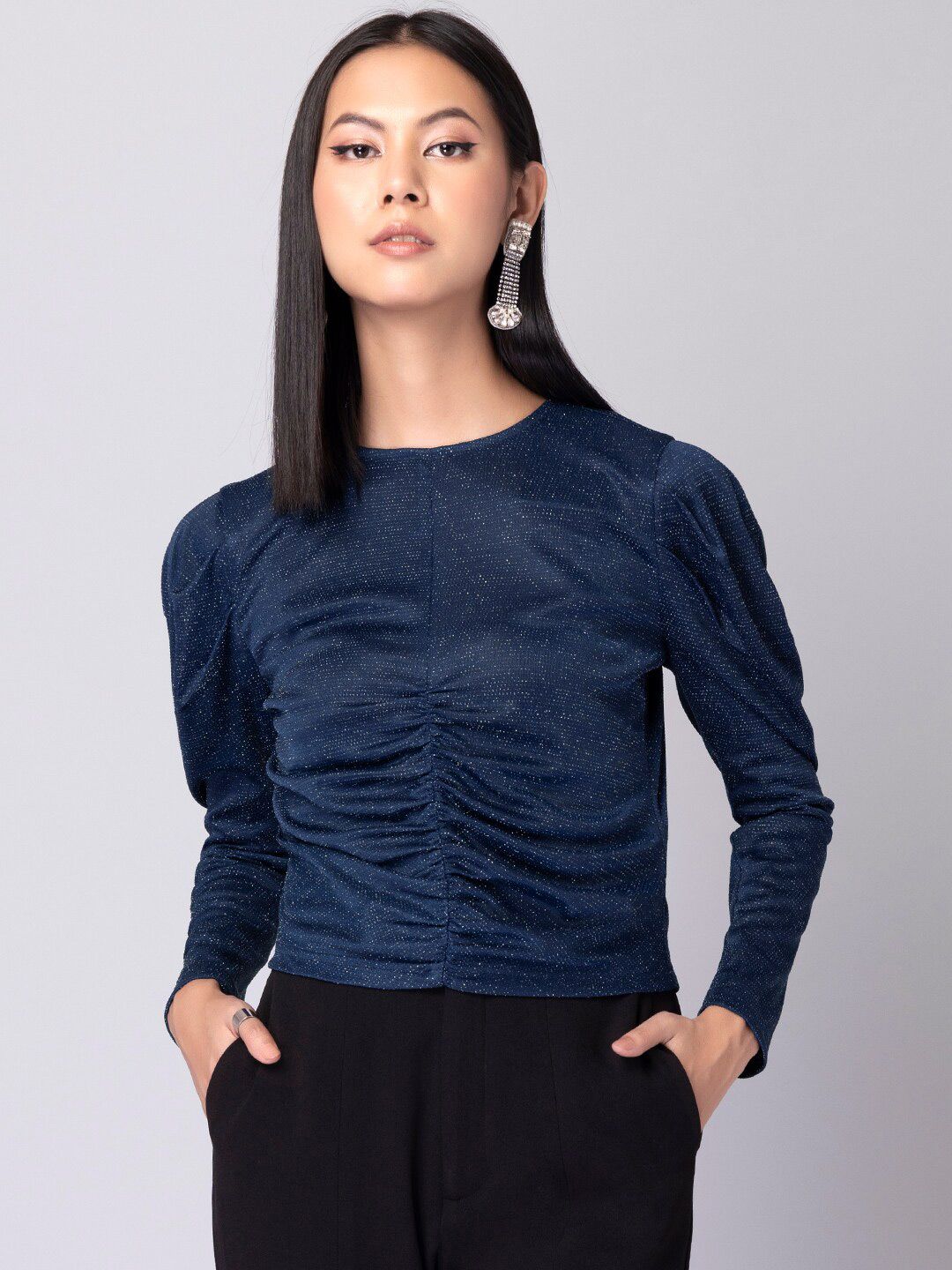 FabAlley Navy Blue Ruched Top Price in India