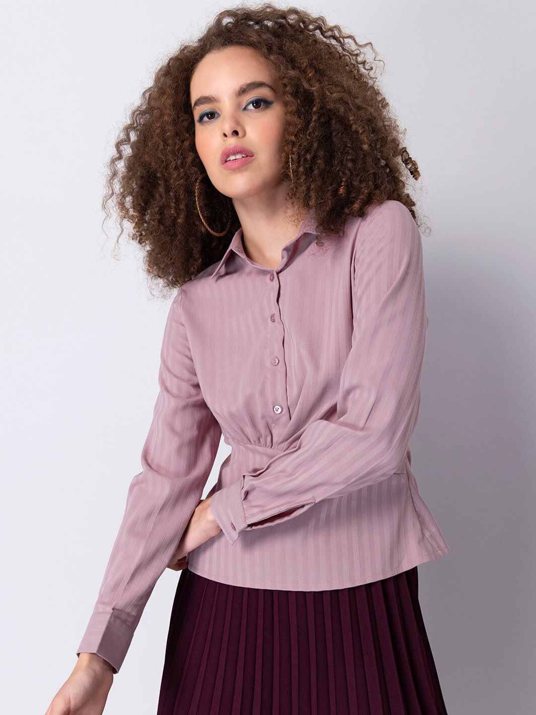 FabAlley Women Purple Self Striped Shirt Style Top Price in India