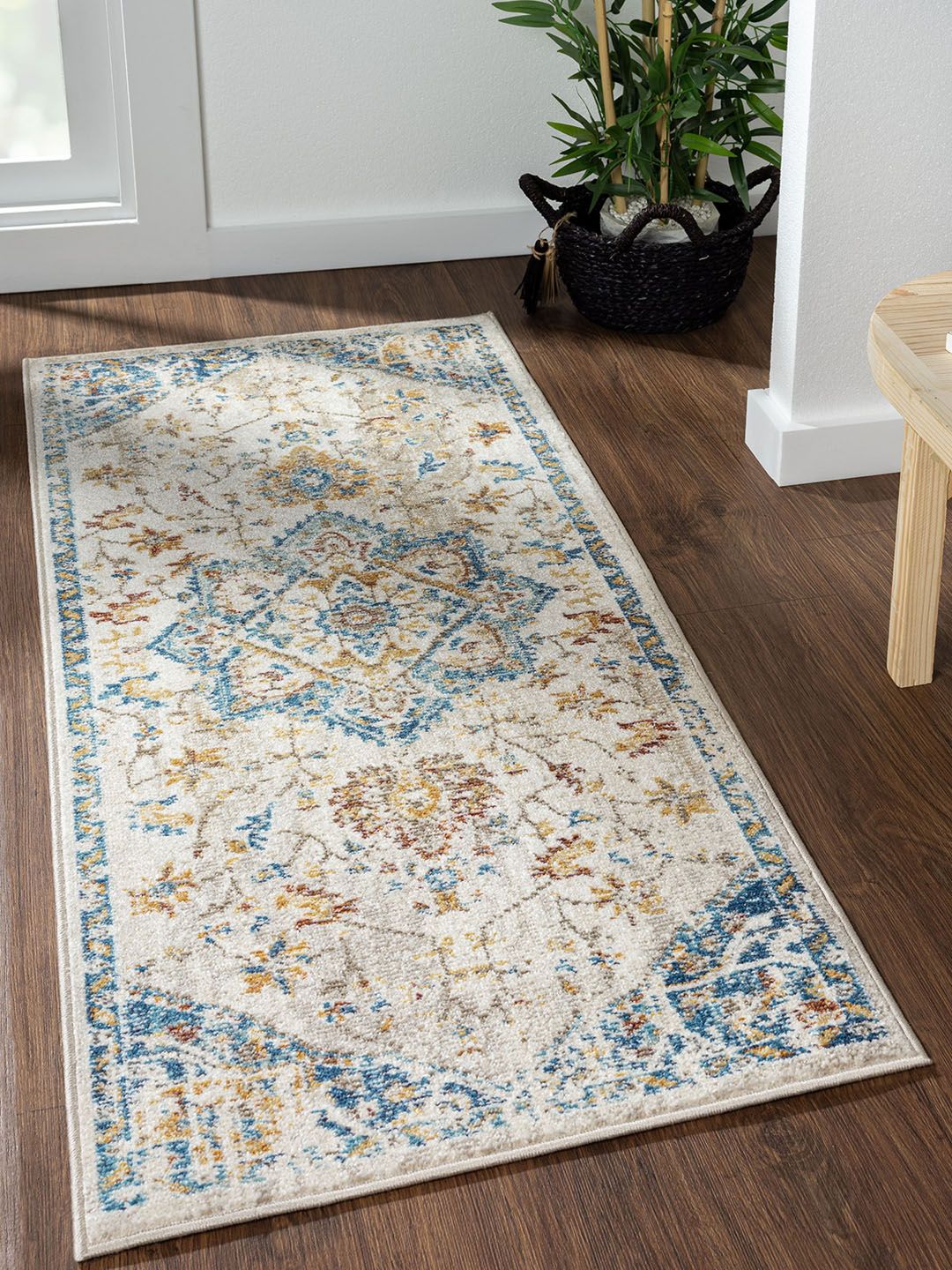 OBSESSIONS Beige & Blue Anti-static Polypropylene Floor Runner Price in India