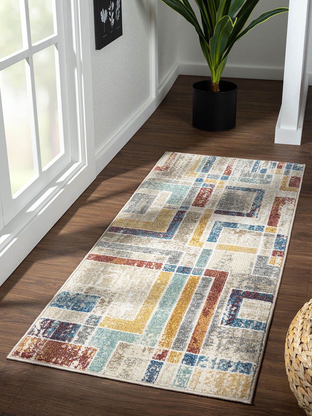 OBSESSIONS Beige & Blue Geometric Rectangle Floor Runners Price in India