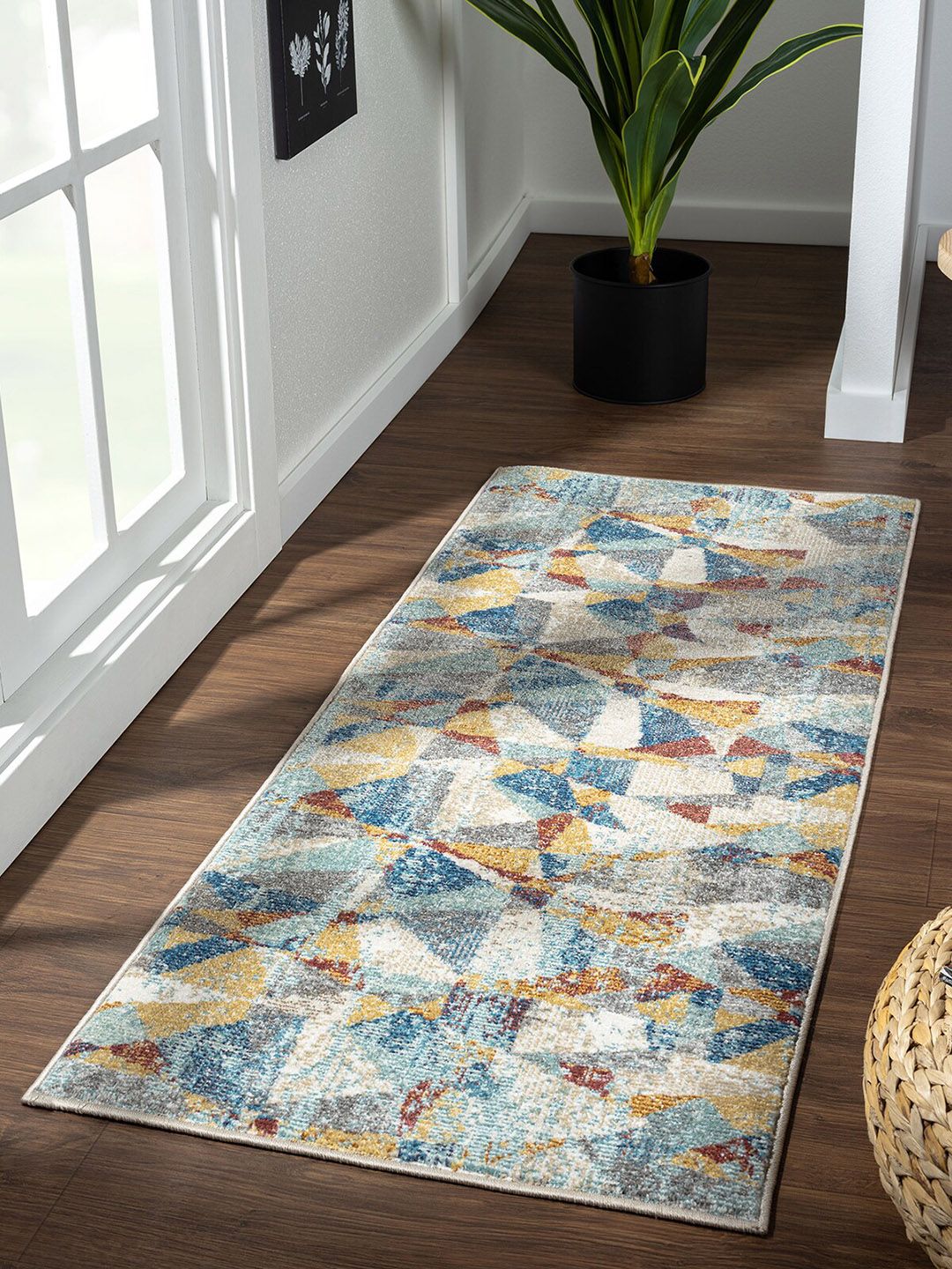 OBSESSIONS Beige & Blue Embroidered Floor Runner Price in India