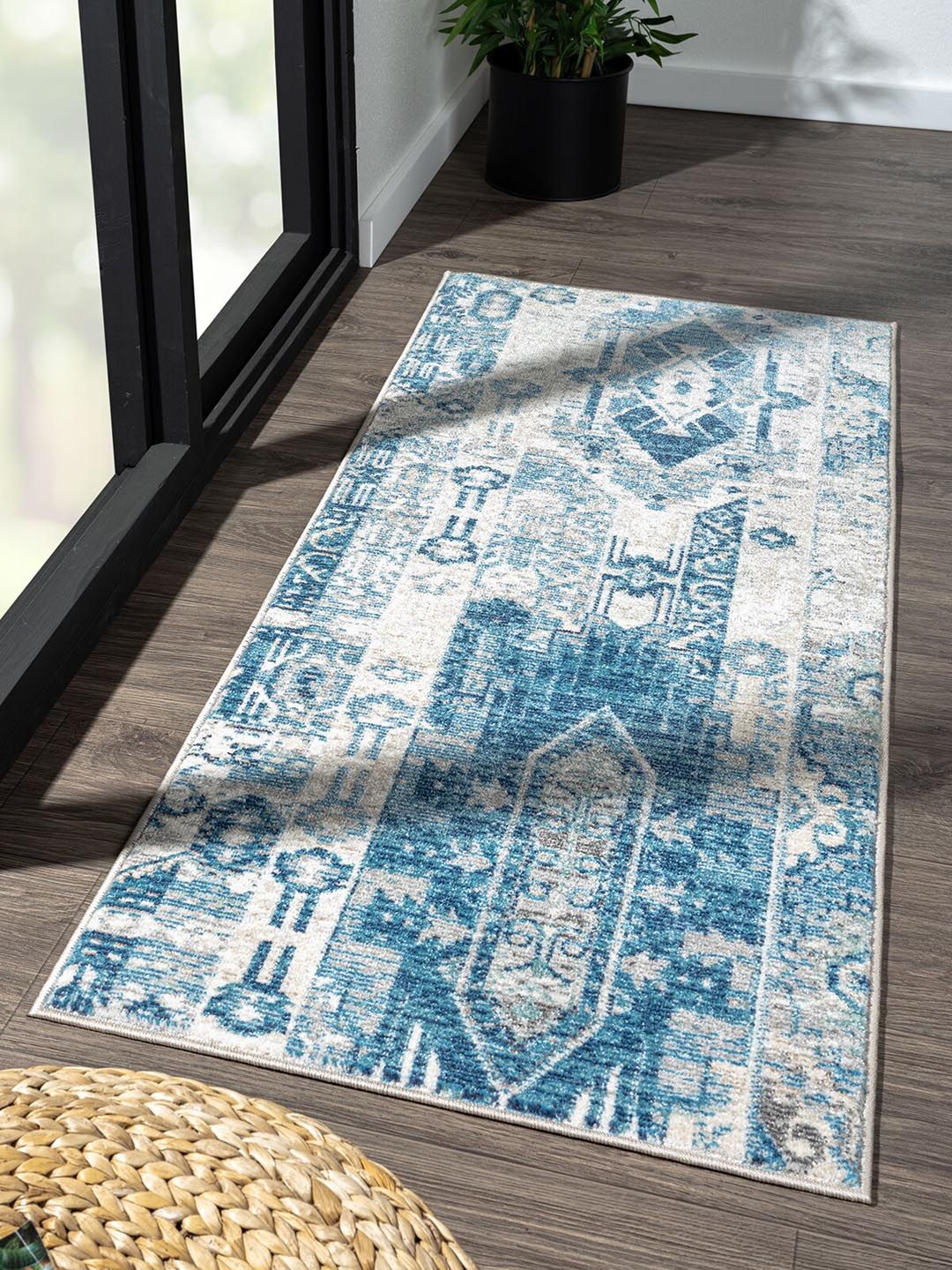 OBSESSIONS Beige & Blue Ethnic Motifs Rectangle Floor Runners Price in India