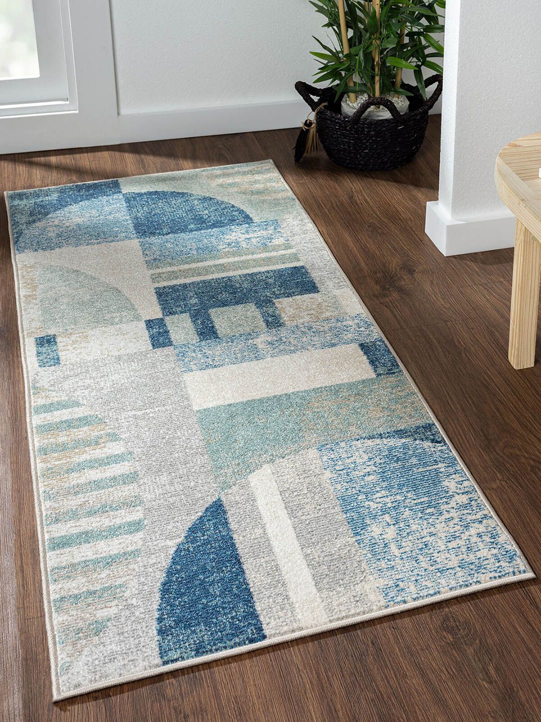 OBSESSIONS Beige & Blue Geometric Anti-static Polypropylene Floor Runner Price in India