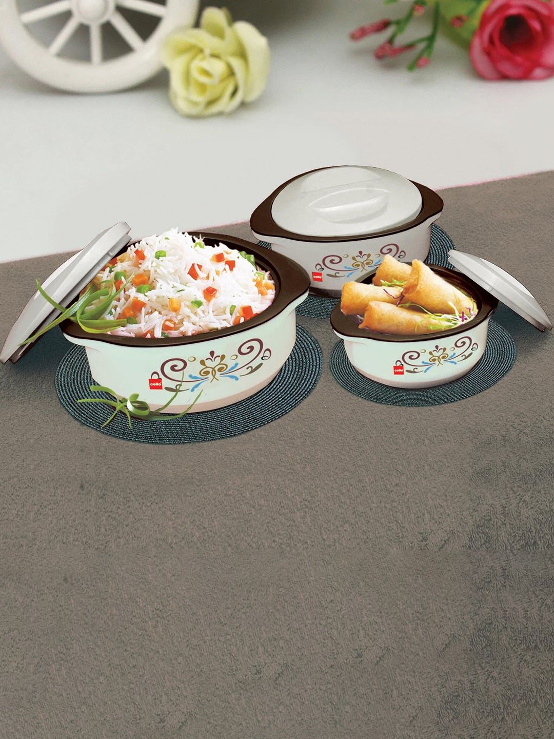 Cello Set of 3 Brown & White Printed Plastic Casserole Price in India