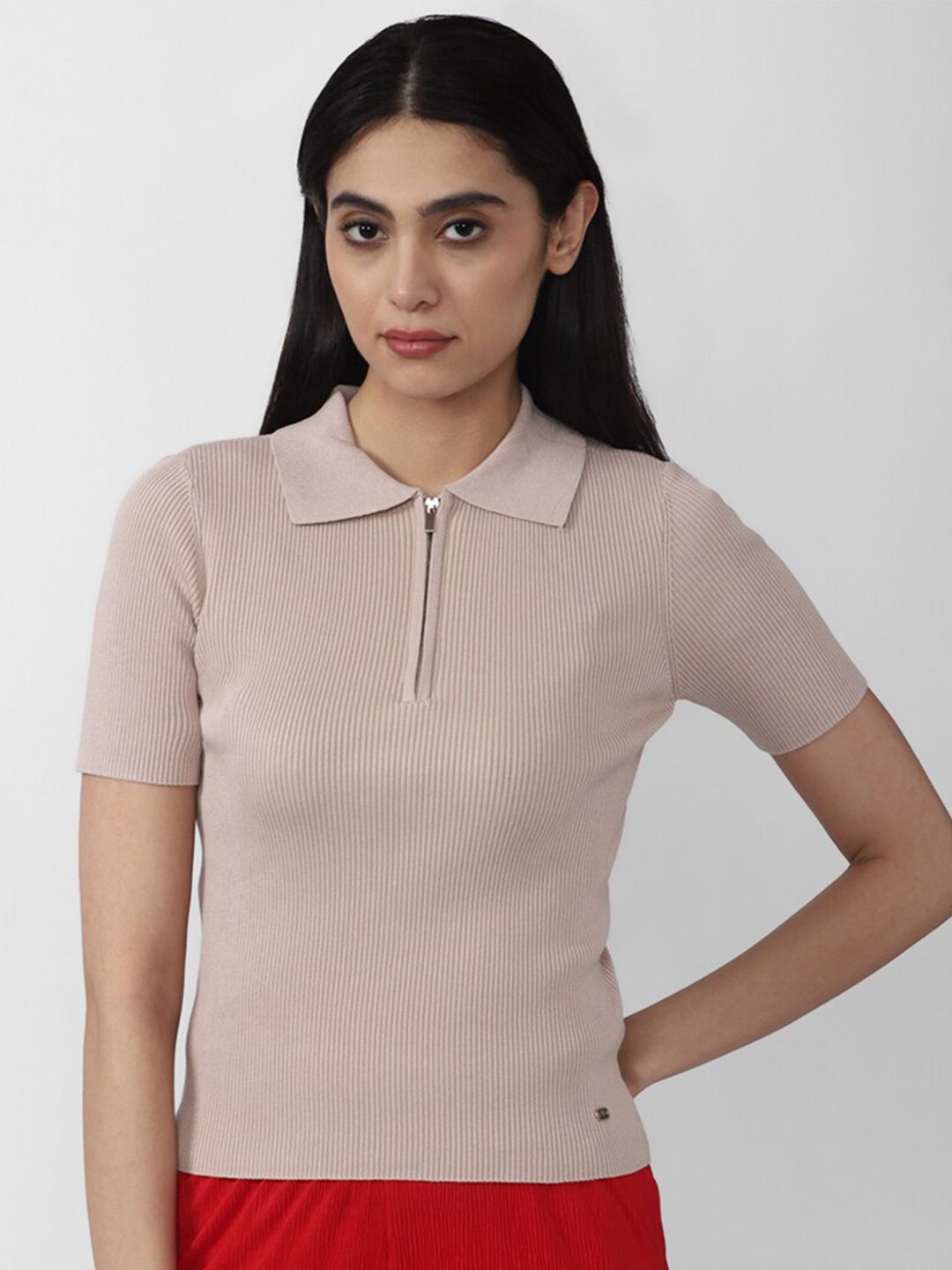 Van Heusen Woman Pink Ribbed Pure Cotton Top Price in India