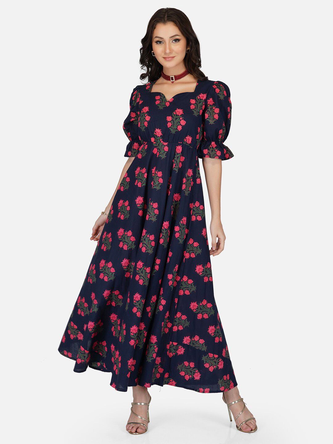 METRO-FASHION Women Navy Blue & Pink Floral Maxi Dress Price in India