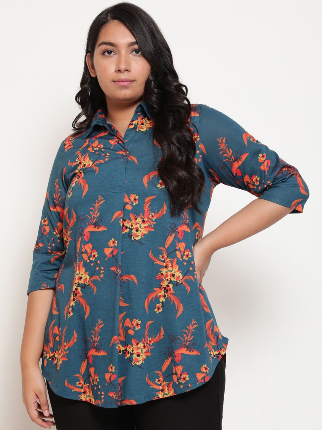 Amydus Plus Size Women Teal Blue & Orange Floral Print Shirt Style Longline Top Price in India