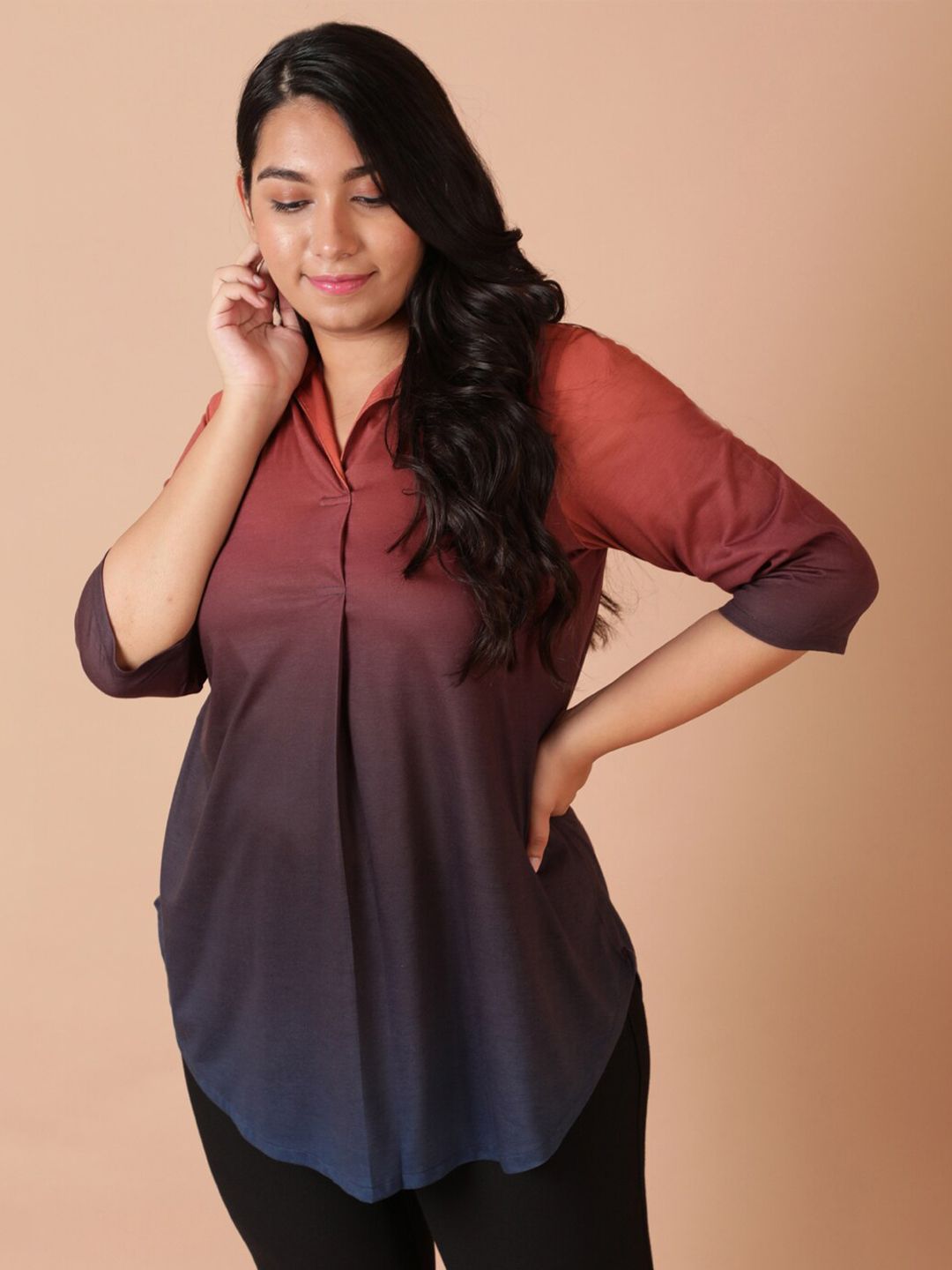 Amydus Plus Size Women Rust & Blue Ombre Shirt Style Longline Top Price in India