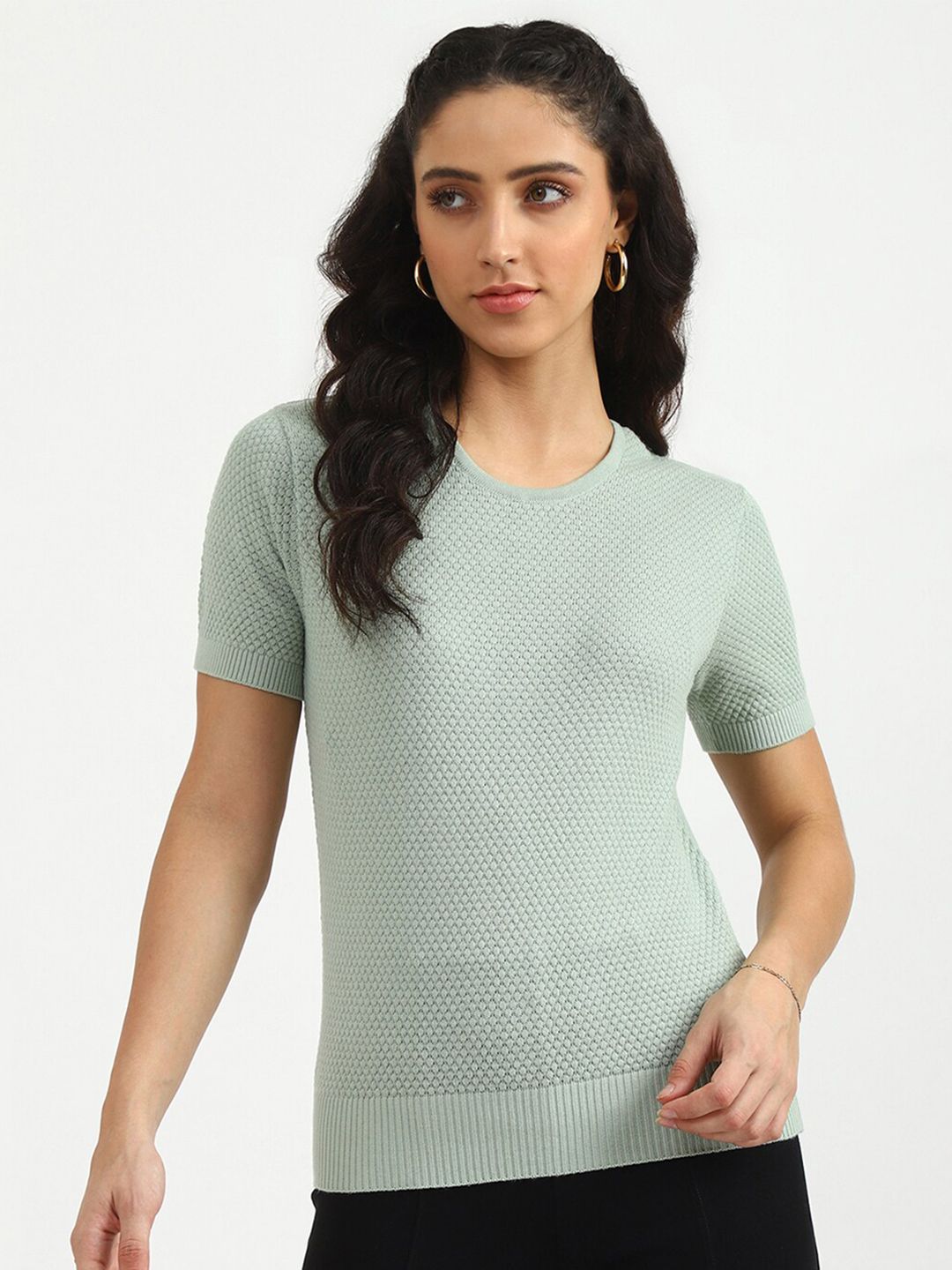 United Colors of Benetton Green Self Design Pure Cotton Fitted Top Price in India