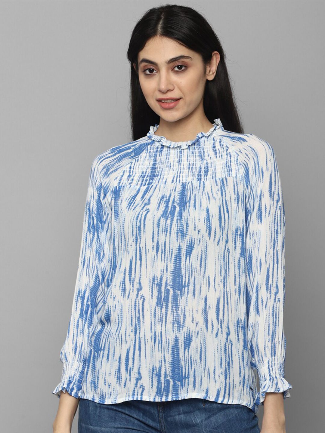 Allen Solly Woman Blue & White Tie and Dye Blouson Top Price in India