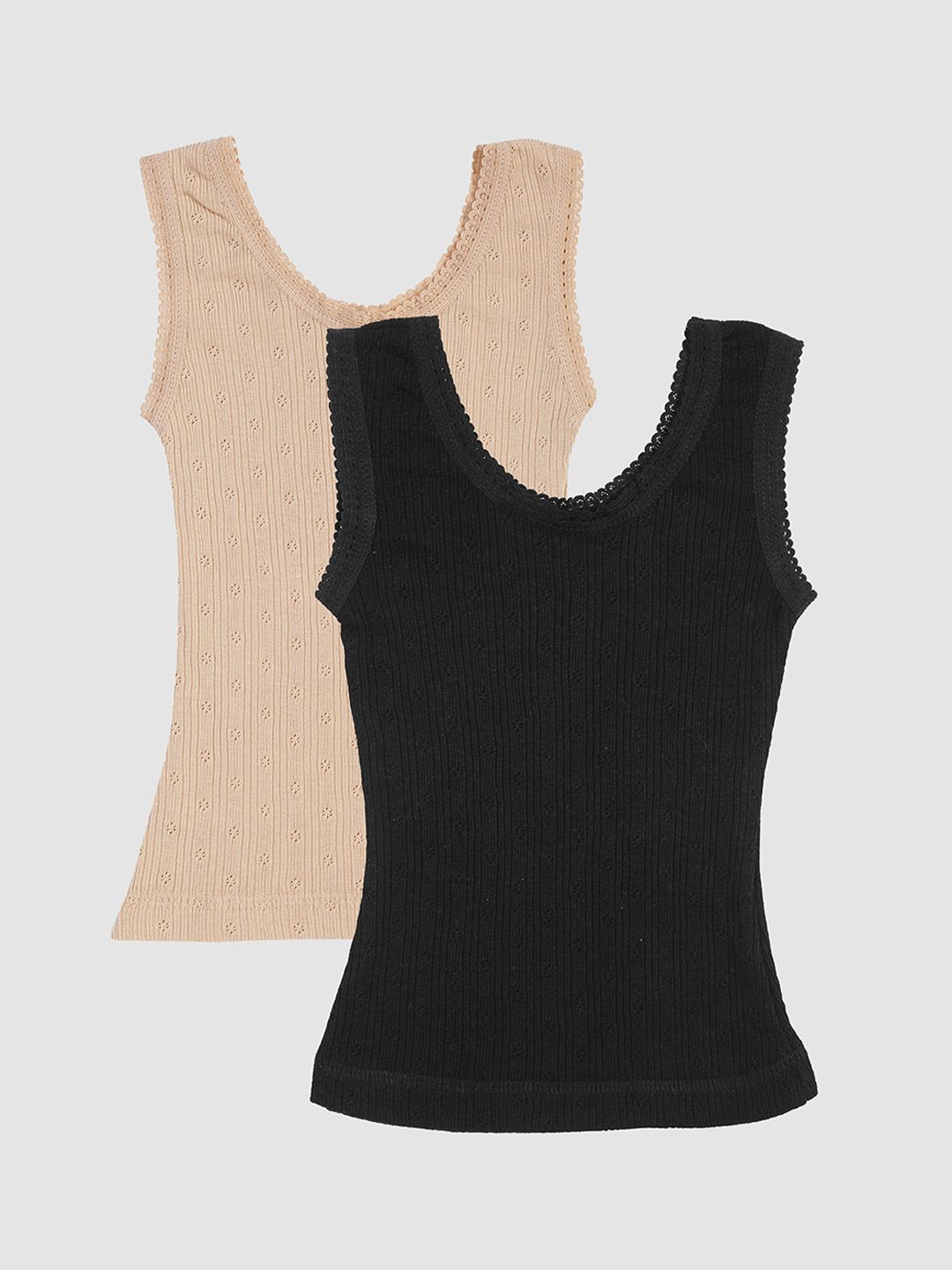 Kanvin Girls Pack Of 2 Beige & Black Ribbed Cotton Thermal Tops