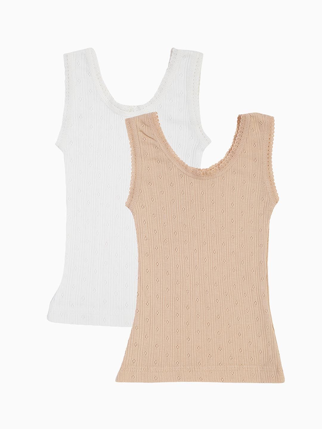 Kanvin Girls Pack Of 2 White & Beige Ribbed Cotton Thermal Tops