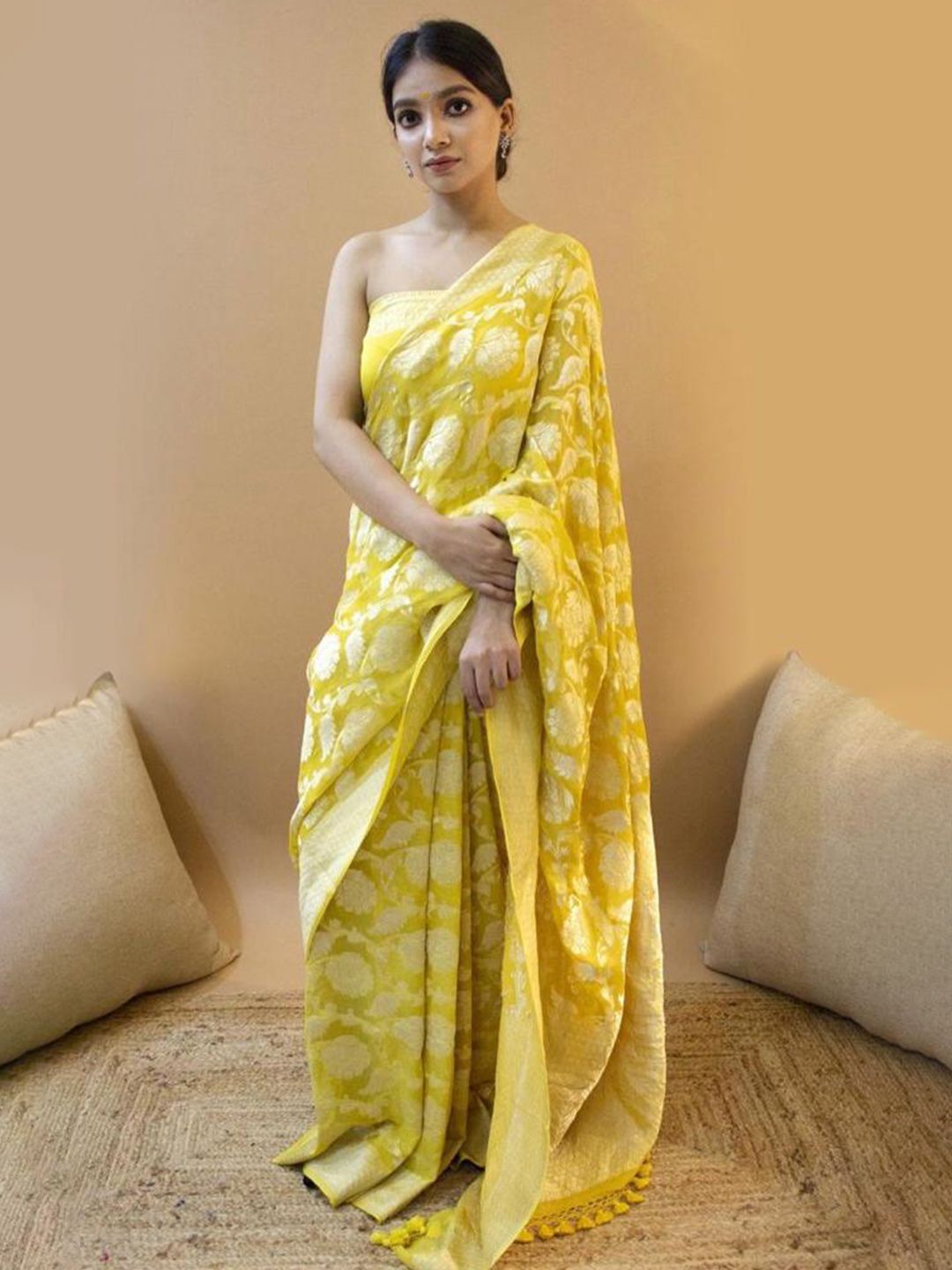 Jinax Yellow & Silver-Toned Floral Zari Pure Silk Banarasi Saree Price in India