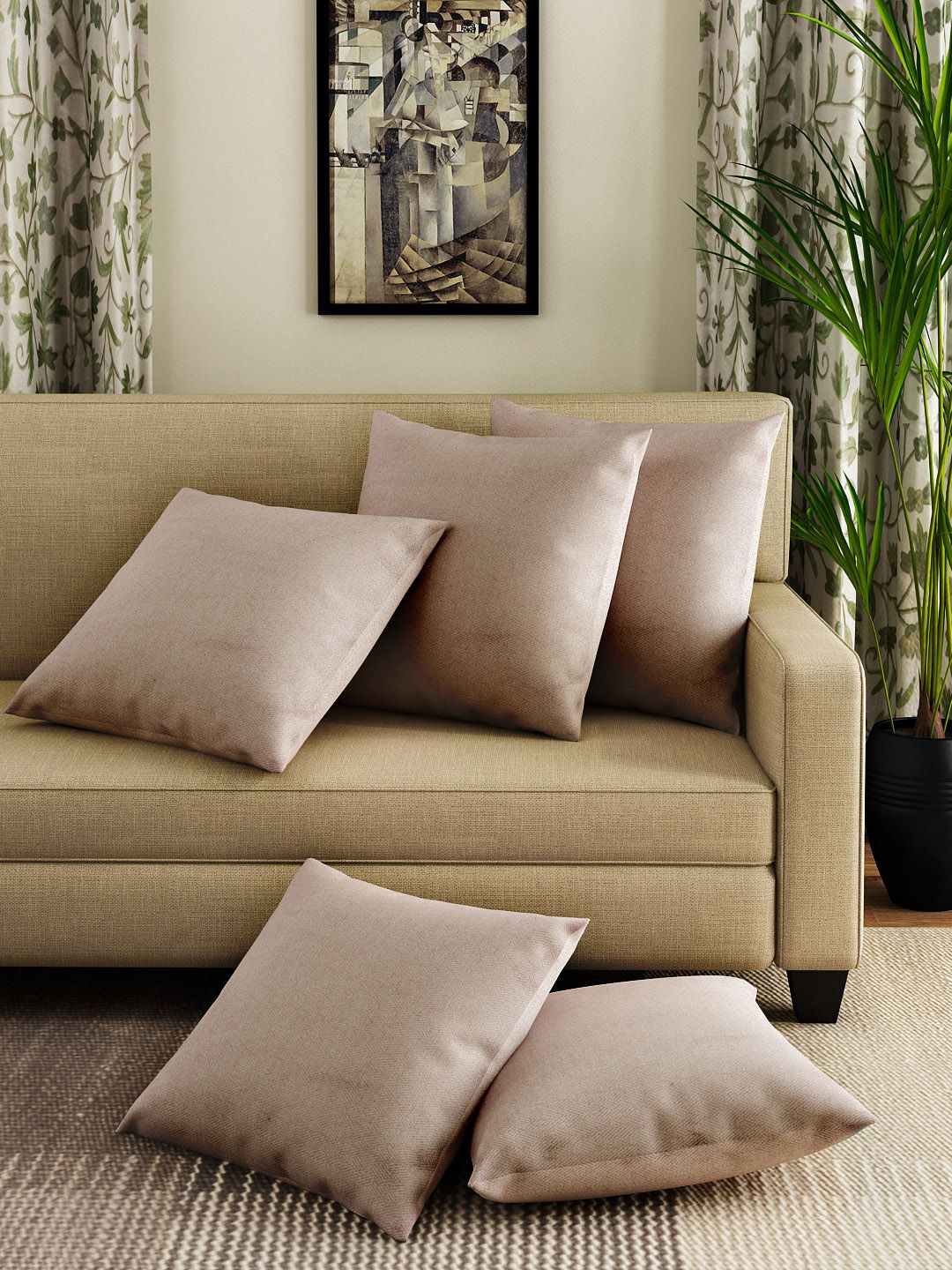 HOUZZCODE Mauve Set of 5 Floral Square Cushion Covers Price in India