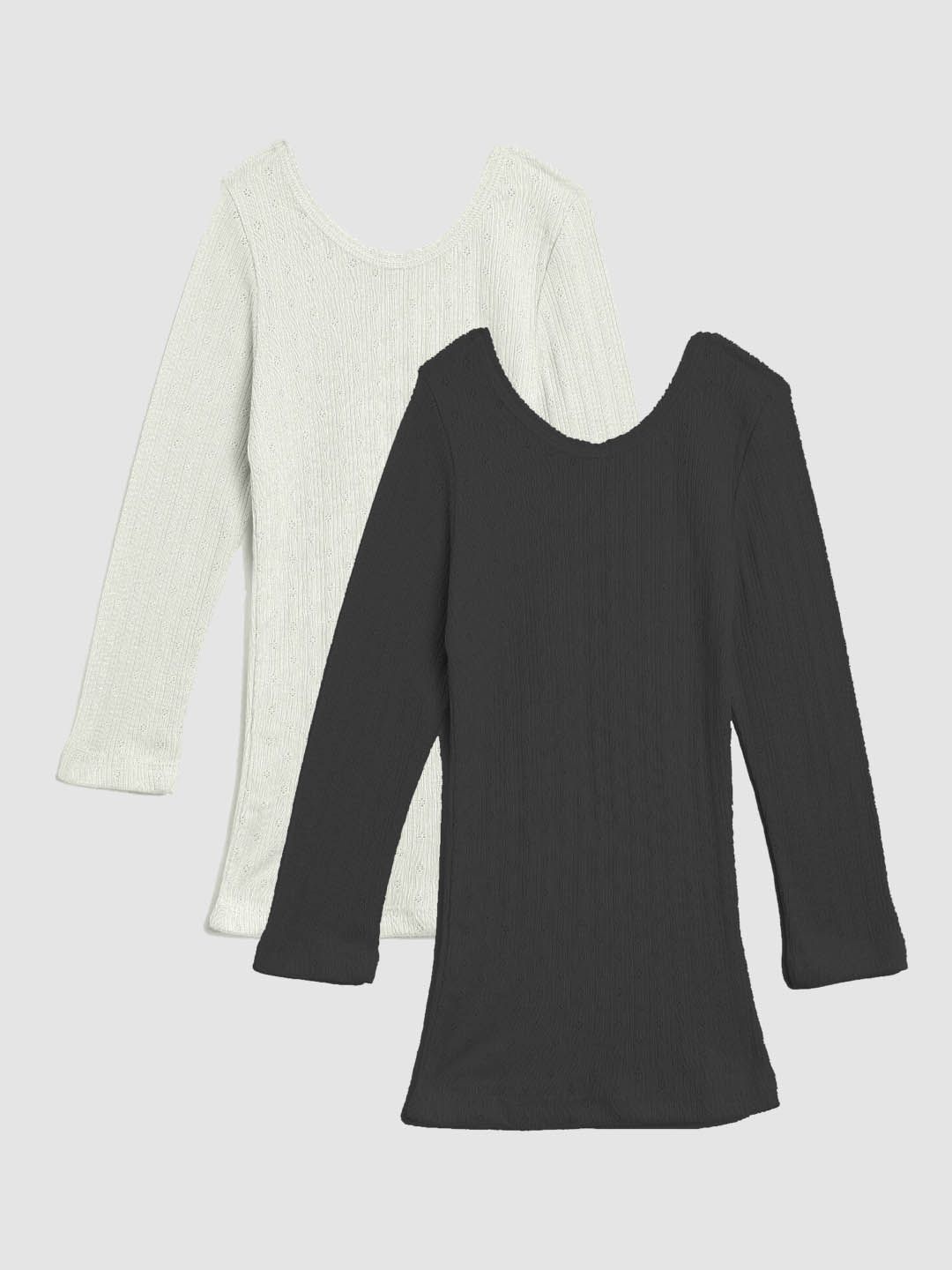 Kanvin Girls Pack Of 2 Black & Off White Ribbed Cotton Thermal Tops
