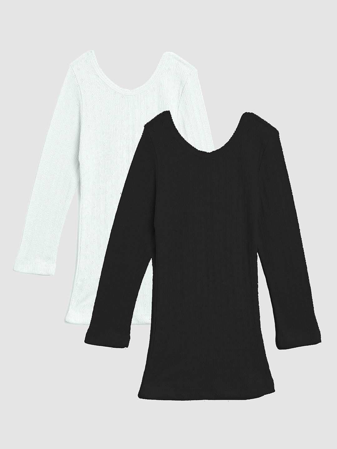 Kanvin Girls Pack Of 2 Black & Off White Ribbed Cotton Thermal Tops