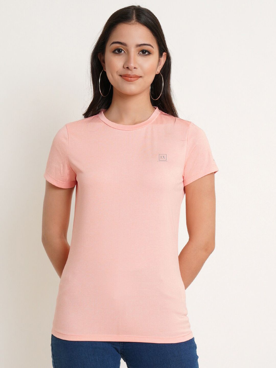 IX IMPRESSION Women Pink Solid Active Wear T-shirt Price in India