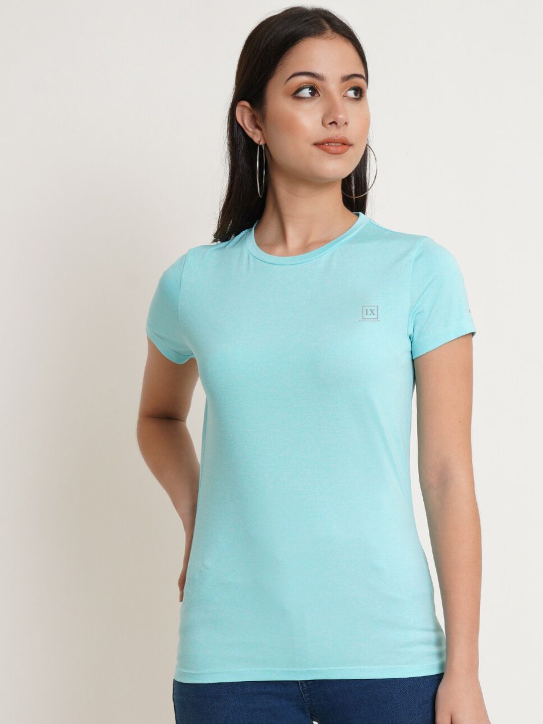 IX IMPRESSION WOMEN Turquoise Blue Solid Top Price in India