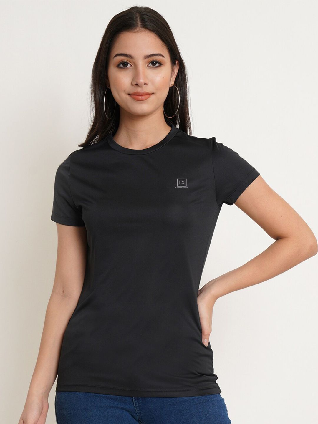 IX IMPRESSION Women Black Slim Fit T-shirt Price in India