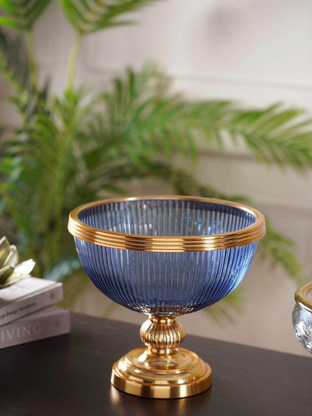 Pure Home and Living Blue & Gold-Toned Textured Glass Serving Bowl Price in India