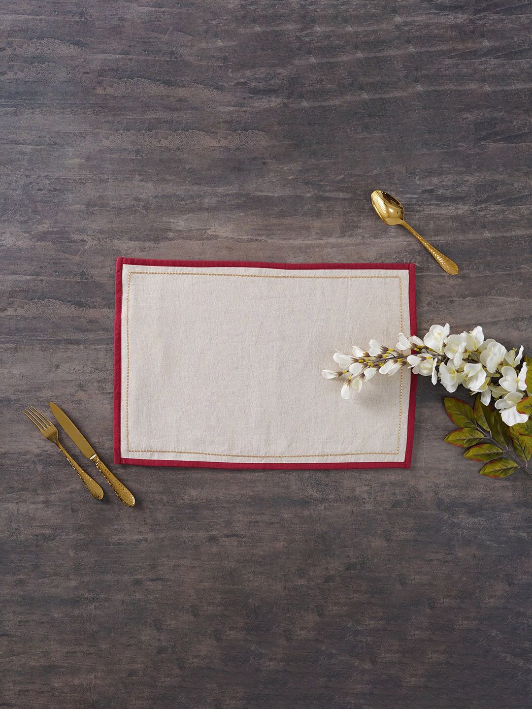 Pure Home and Living Off White & Red Solid Cotton Table Placemat Price in India