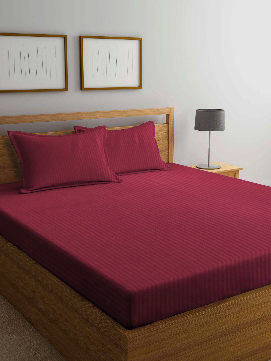 Arrabi Maroon Striped 300 TC King Bedsheet with 2 Pillow Covers Price in India