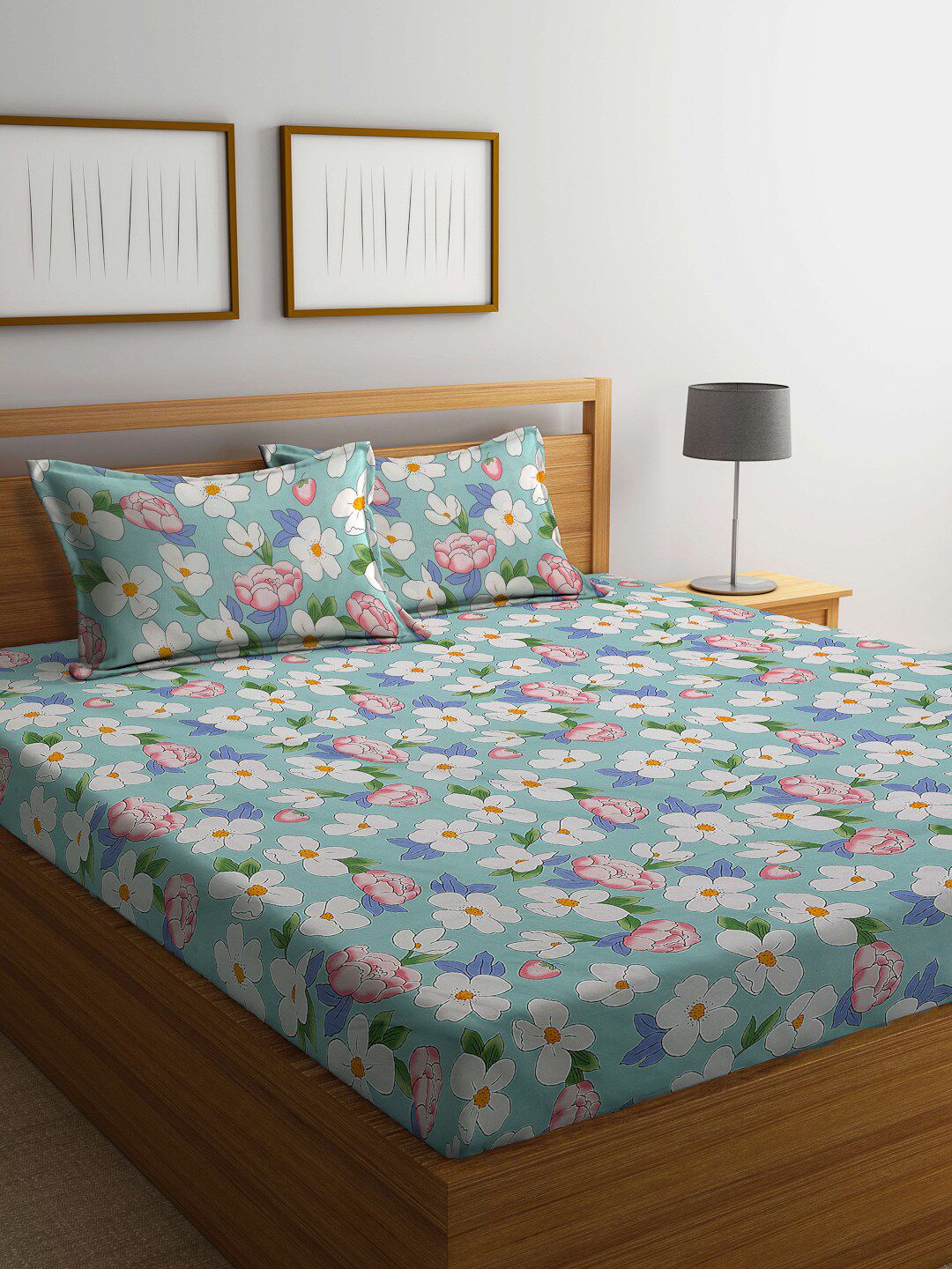 Arrabi Blue & White Floral 300 TC King Bedsheet with 2 Pillow Covers Price in India