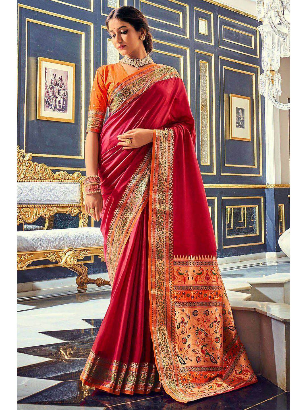 KARAGIRI Red & Gold-Toned Zari Saree Price in India