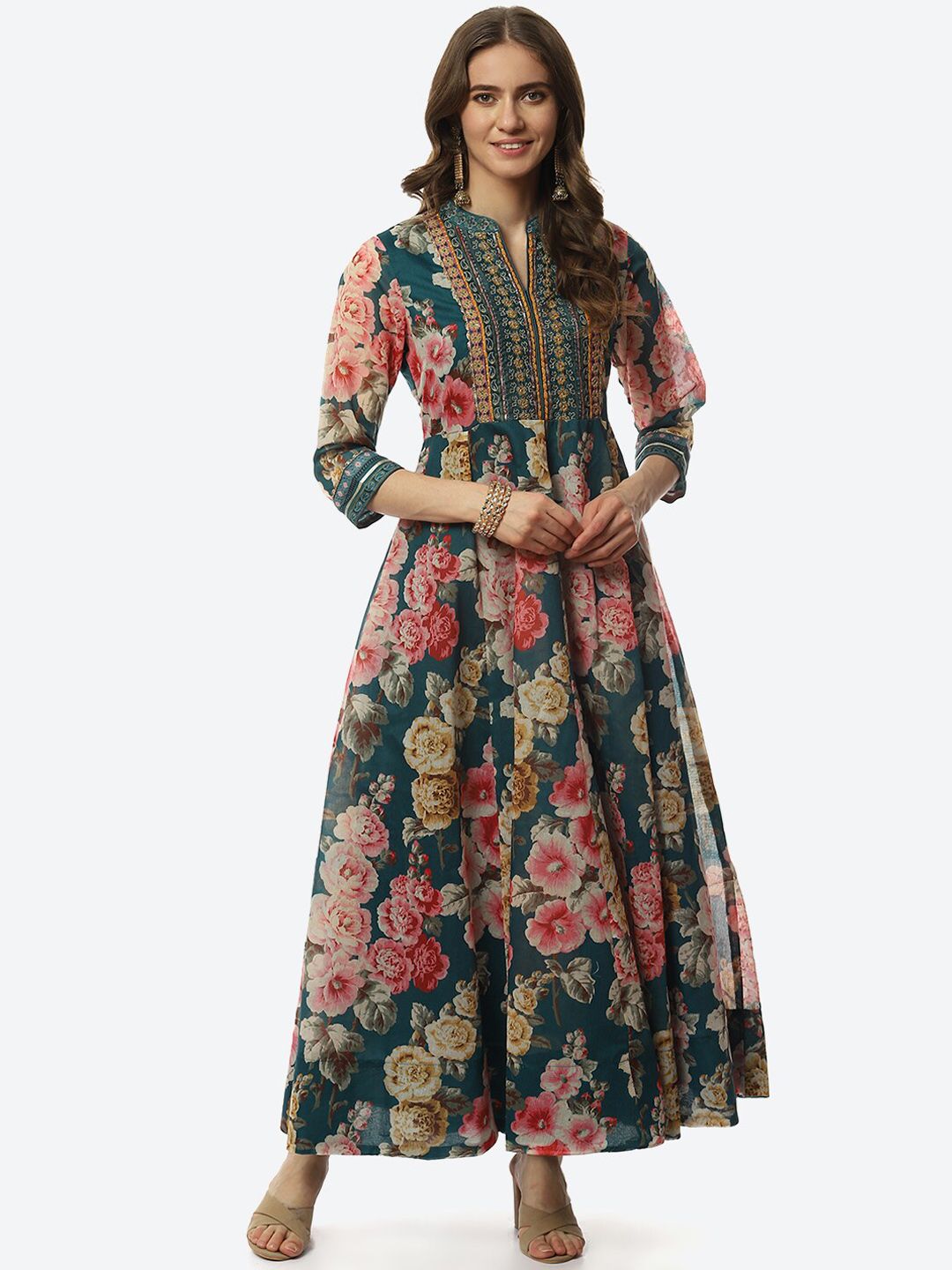 Biba Women Teal & Pink Floral Printed Maxi Dress Price in India