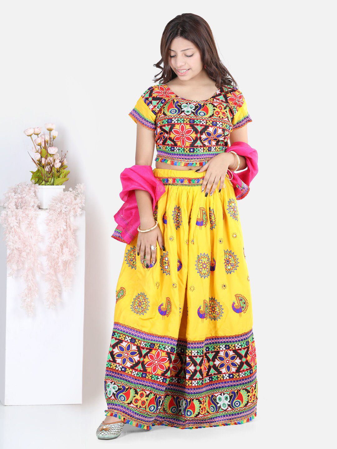 BownBee Girls Yellow & Black Embroidered Mirror Work Ready to Wear Lehenga & Blouse With Dupatta Price in India