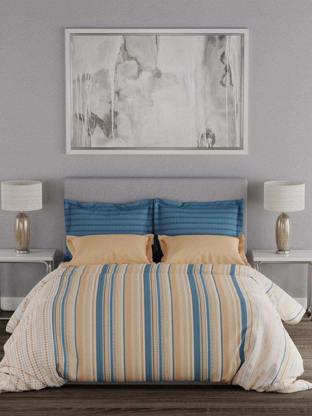 Trident Blue & Beige Striped 120 TC Queen Cotton Bedsheet with 2 Pillow Covers Price in India