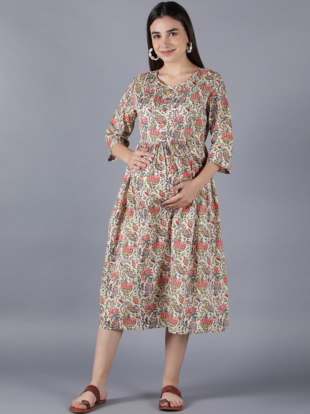 Cot'N Soft White Kalamkari Printed Maternity A-Line Midi Dress Price in India