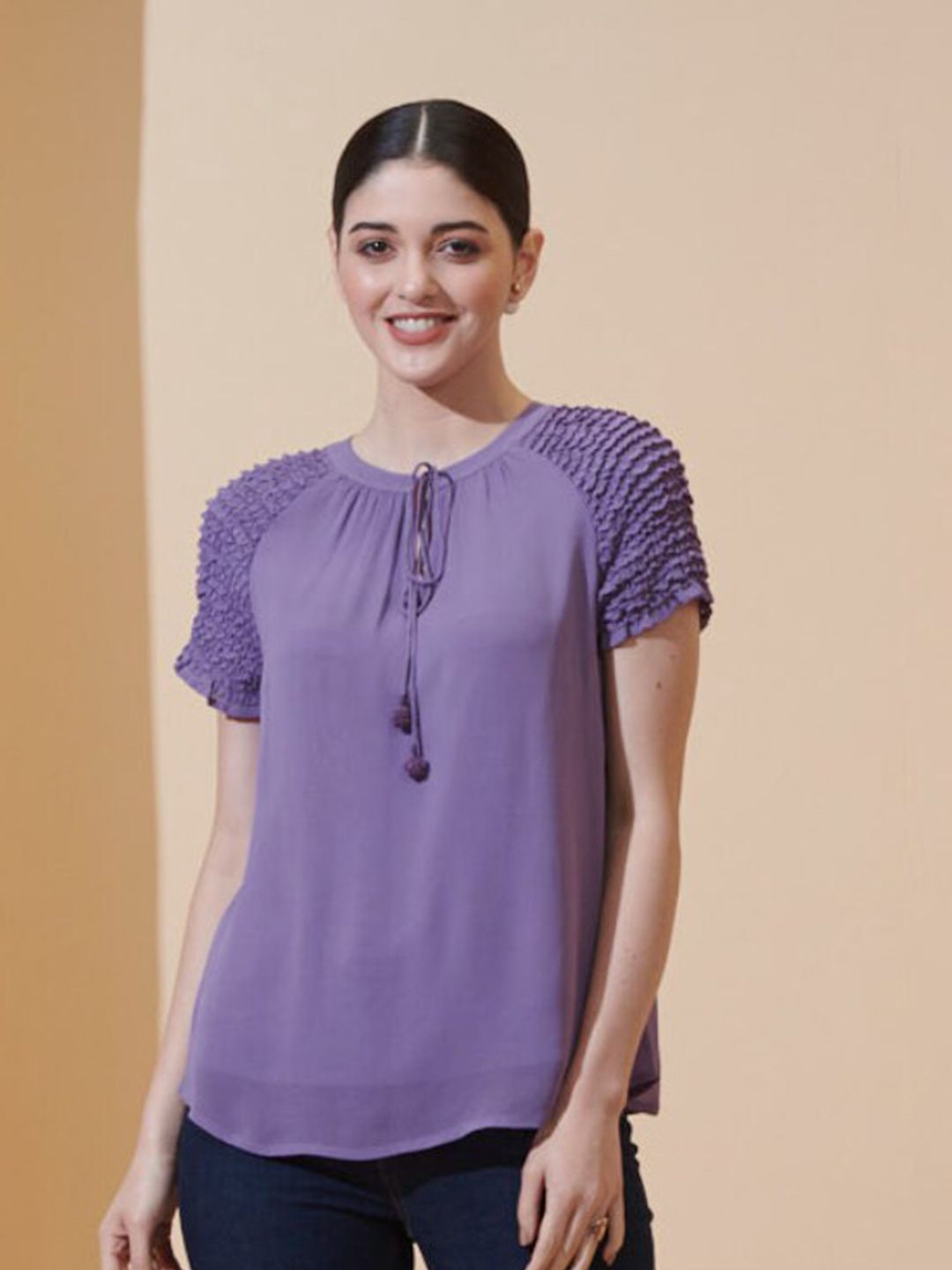 Style Island Women Purple Tie-Up Neck Top Price in India