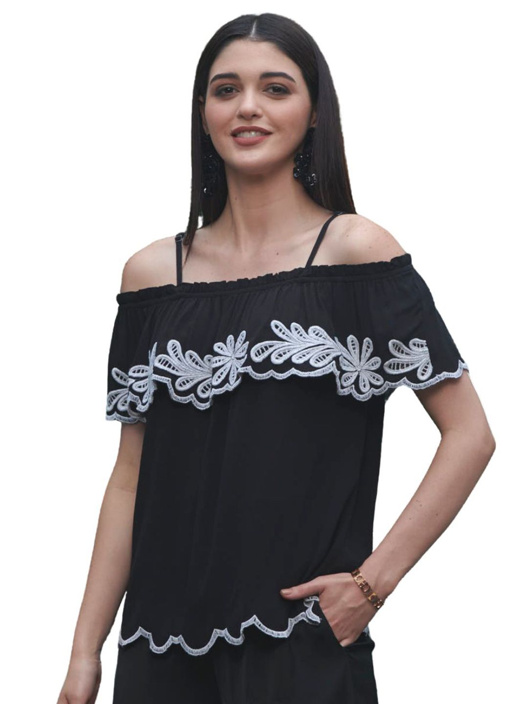 Style Island Women Black & White Floral Embroidered Top Price in India