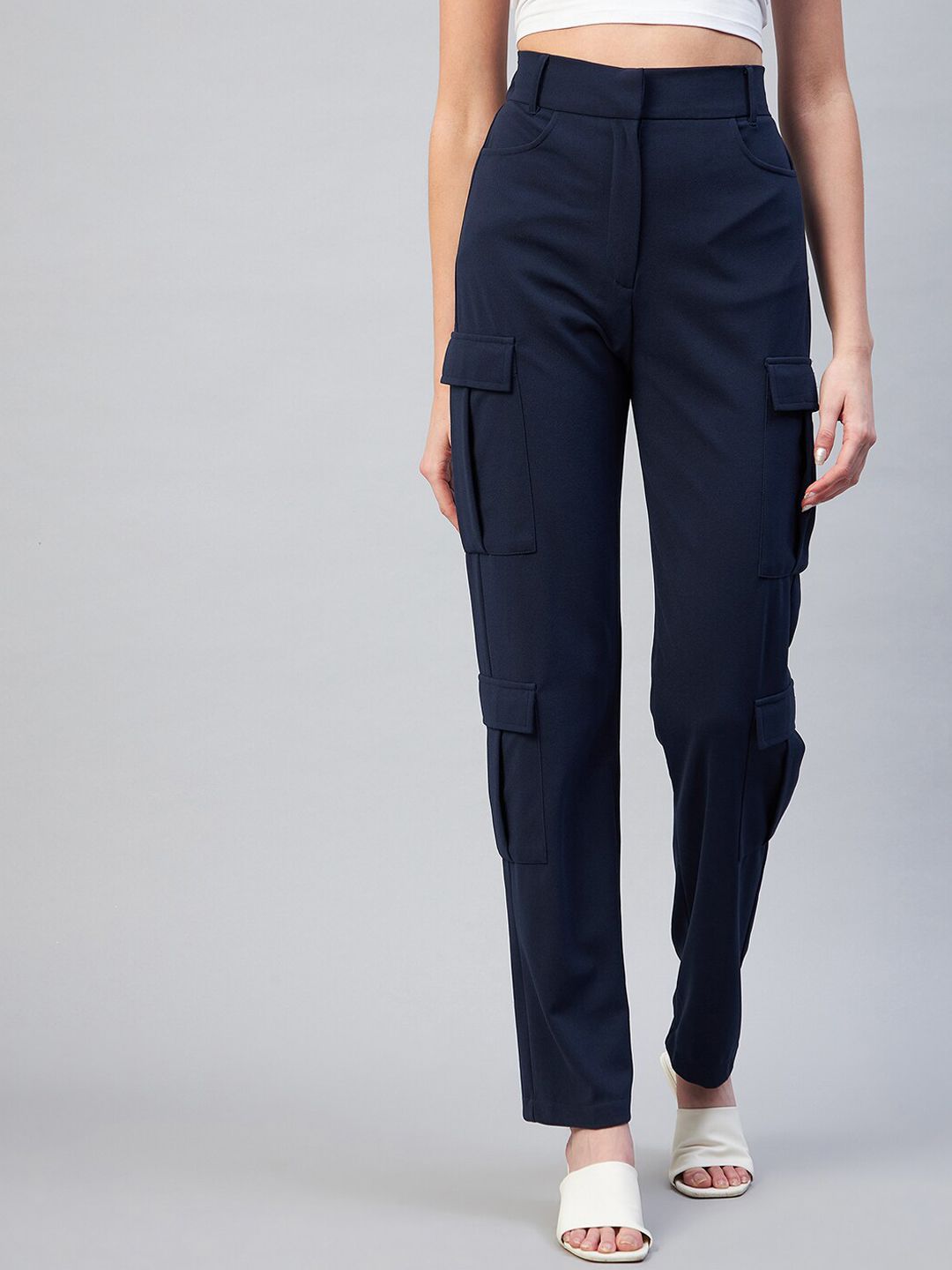 RARE Women Navy Blue High-Rise Cargos Trousers Price in India