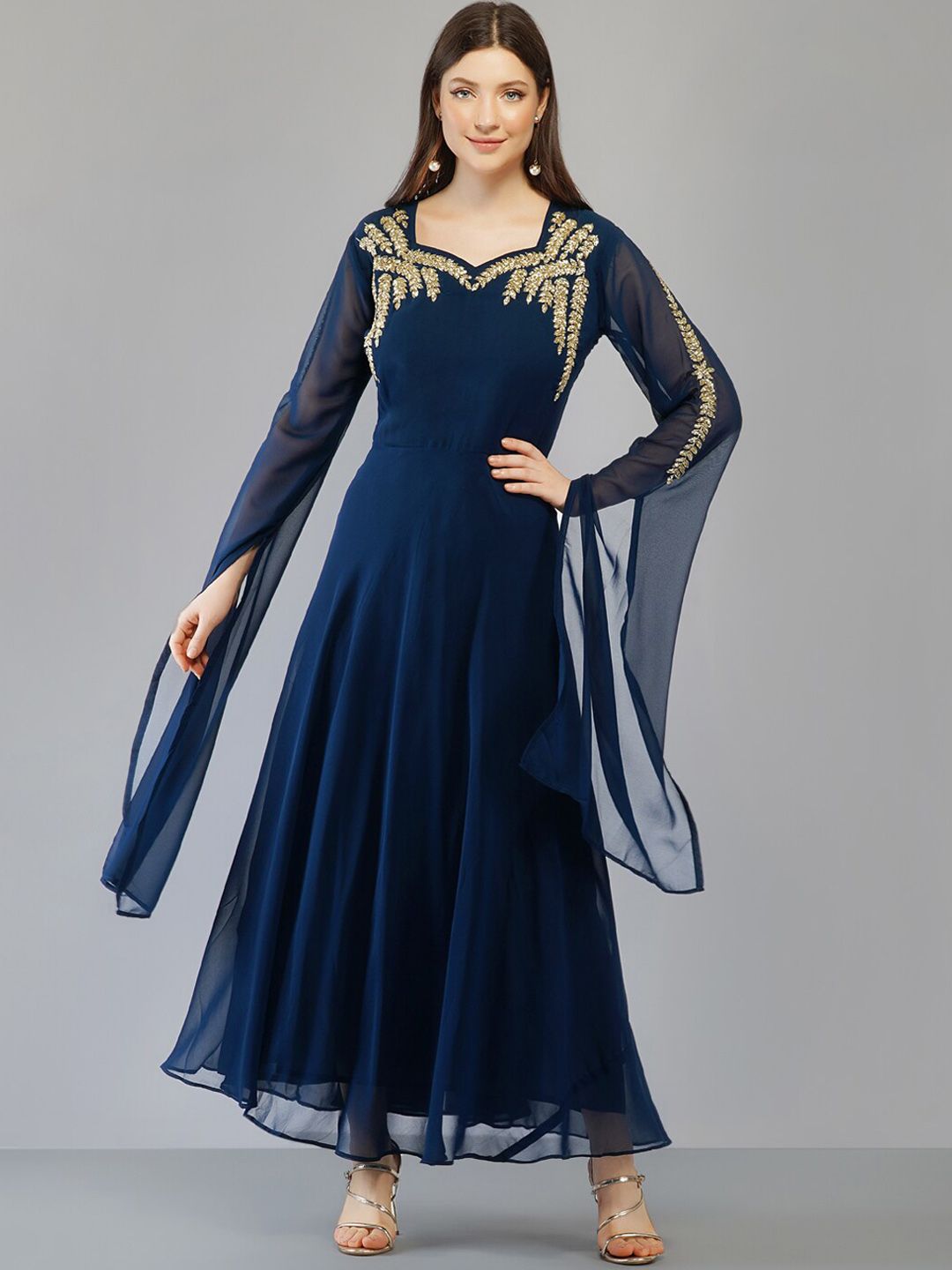 Ziva Fashion Women Blue Embellished Flared Sleeves Georgette Maxi Dress Price in India