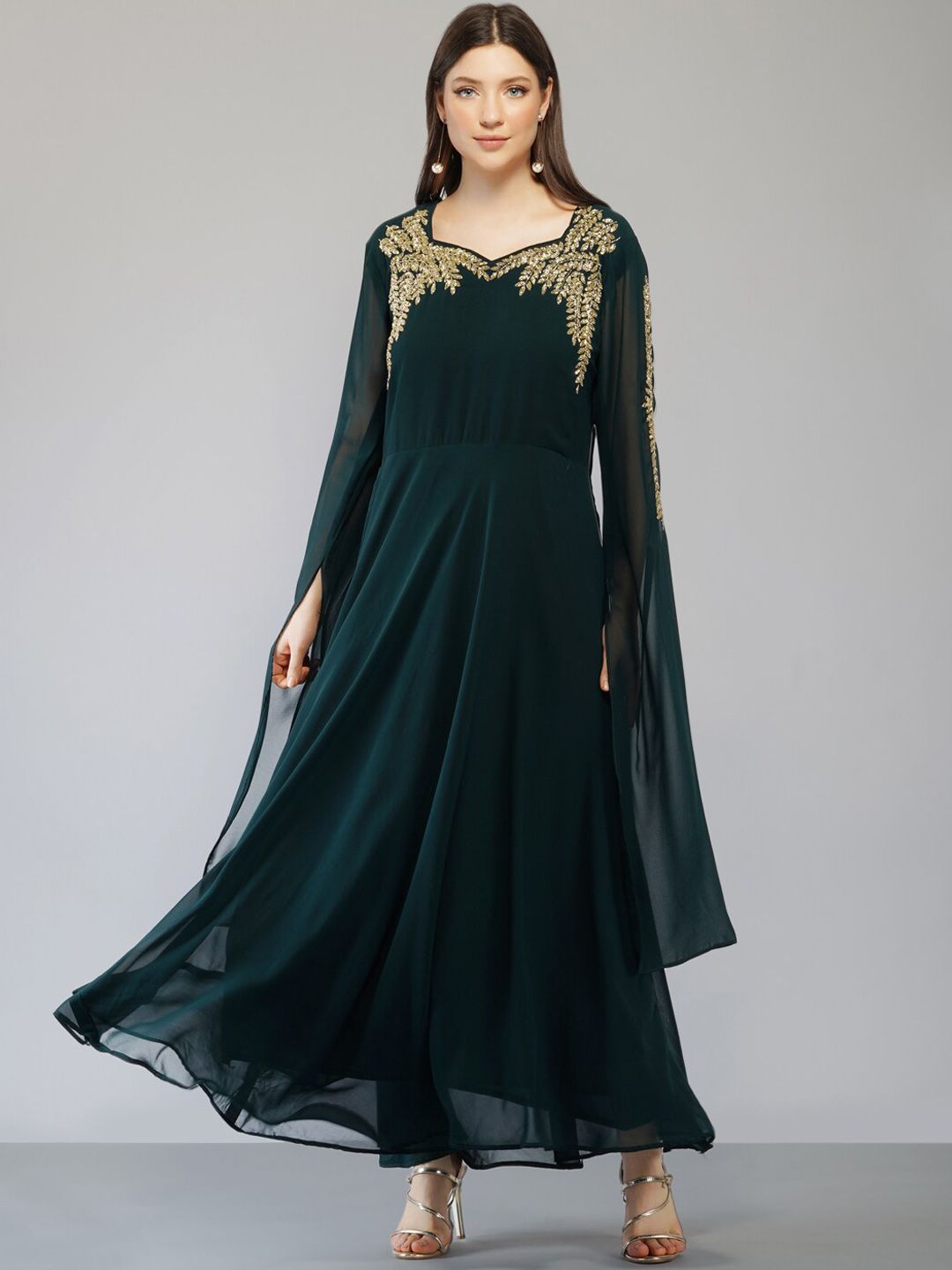 Ziva Fashion Women Green Embellished Flared Sleeves Georgette Maxi Dress Price in India