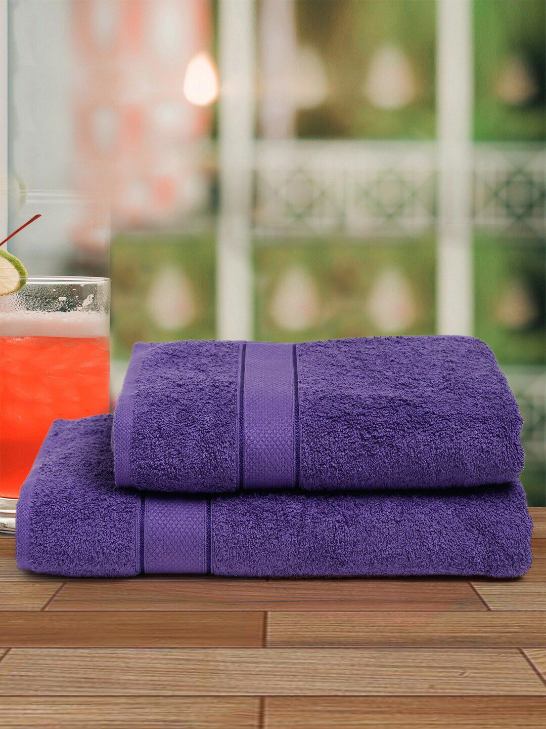 Creeva Pack Of 2 Violet Solid 525 GSM Pure Cotton Towel Set Price in India