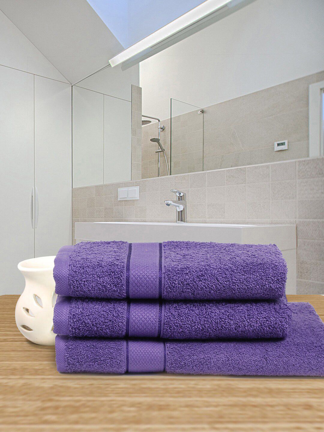 Creeva Pack Of 3 Violet Solid 525 GSM 3 Pc Pure Cotton Towel Set Price in India