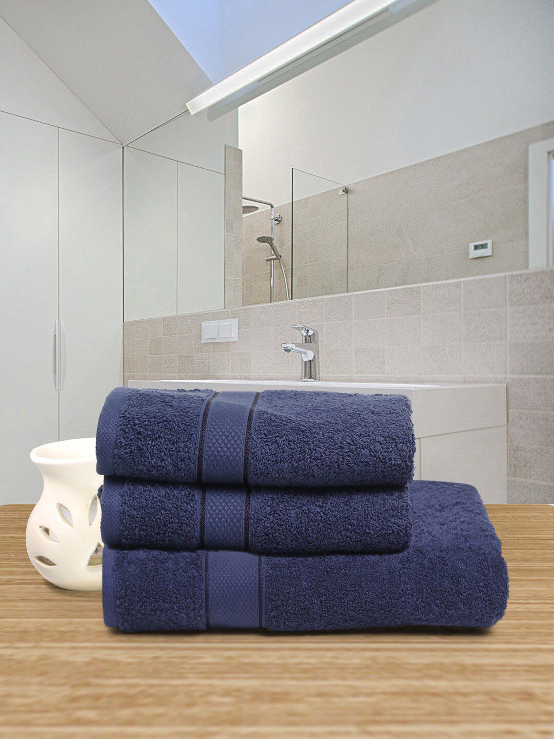 Creeva Pack Of 3 Navy Blue Solid 525 GSM 3 Pc Pure Cotton Towel Set Price in India